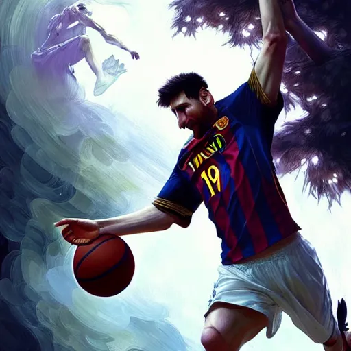 Image similar to Messi dunking a basketball, D&D, fantasy, intricate, elegant, highly detailed, digital painting, artstation, concept art, matte, sharp focus, illustration, art by Artgerm and Greg Rutkowski and Alphonse Mucha