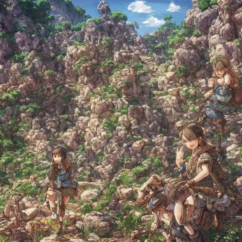 Image similar to standing and waiting just means we'll be showered by more boulders. get ready on the double! hyperrealistic anime illustration by iralki nadar, extremely detailed, intricate linework, super sharp focus, bright colors, octopath traveler, studio ghibli, unreal engine 5 highly rendered, global illumination, radiant light, detailed and intricate environment