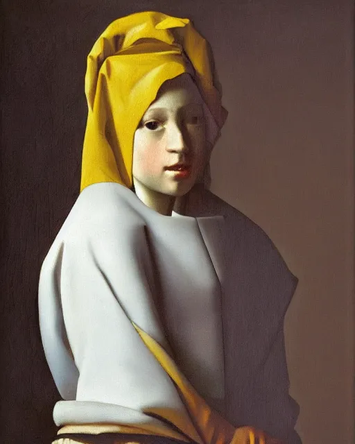 Prompt: vermeer digital realist painting of a beautiful modern girl wearing high fashion clothing