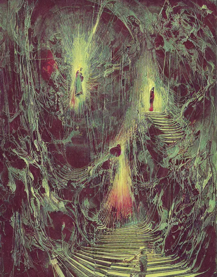 Prompt: worshippers in robes ascend a spiral staircase, spiral staircase, interior, beksinski painting, part by adrian ghenie and gerhard richter. art by takato yamamoto. masterpiece, deep colours