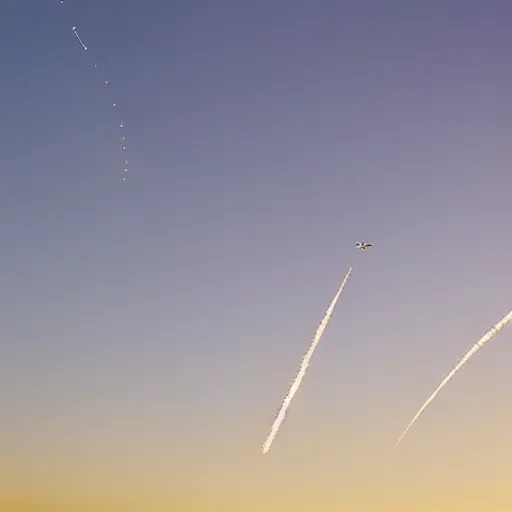 Prompt: a commercial airplane flying through sky with a contrail lit by sunset, dark blue sky, long lens photograph