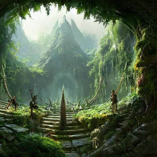 Image similar to worm's eye view of a elven headquarters carved inside a mountain above a lush garden, neat and tidy, magical, natural light, fantasy, sharp focus, concept art, by greg rutkowski and craig mullins, cozy atmospheric