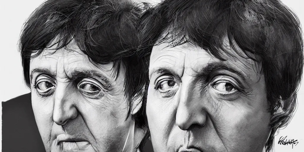 Image similar to Paul McCartney portrait, kim jung gi style, Greg Rutkowski, Zabrocki, Karlkka, Jayison Devadas, trending on Artstation, 8K, ultra wide angle, zenith view, pincushion lens effect