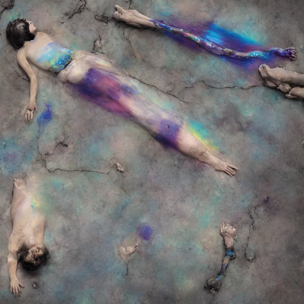 Image similar to overhead view of iridiscent oil slick and eroded stones and organs in wax with a woman's corpses connected by a transparent pipe to a baby buried relaxing on yoga mat, faded, gradient, fog, smoke, depth of field, ultra realistic, very detailed, glitch, by nadav kander and hans bellmer, 8 k hyper realistic detailed cinematic