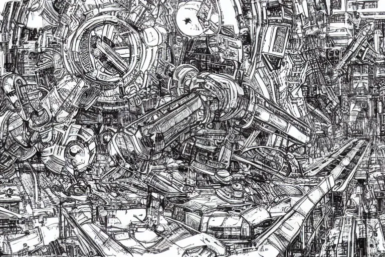 Prompt: ''robotic giant machines, chaotic atmosphere, blurry, cinematic, drawing''