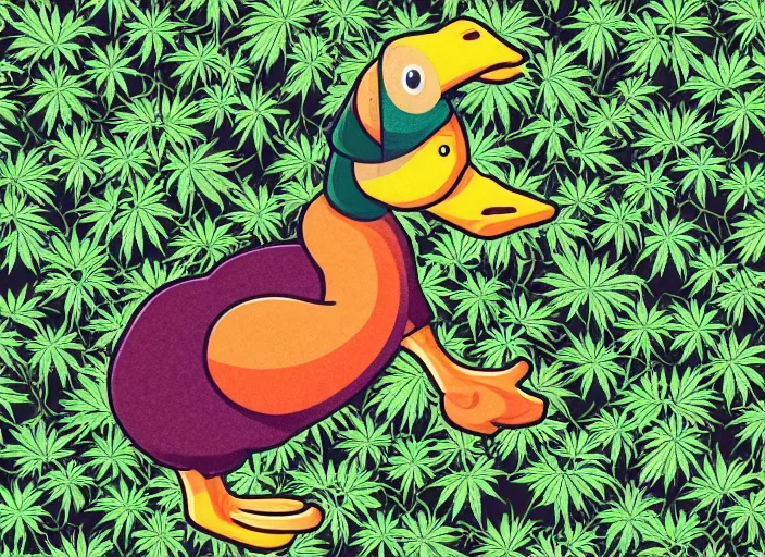 Prompt: !dream duck, marijuana leaves, duck surrounded by weed leaves