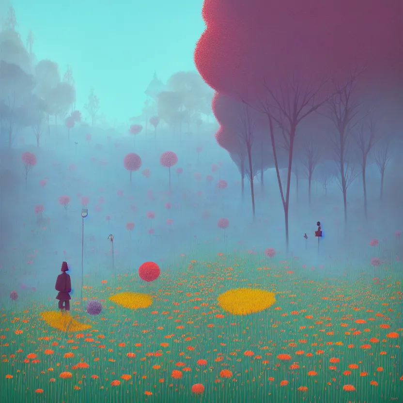 Image similar to ( ( ( gediminas pranckevicius ) ) ), stillness travel arrival wild flower garden summer morning, very coherent and colorful high contrast art by simon stalenhag james gilleard floralpunk screen printing woodblock, dark shadows, pastel color, hard lighting