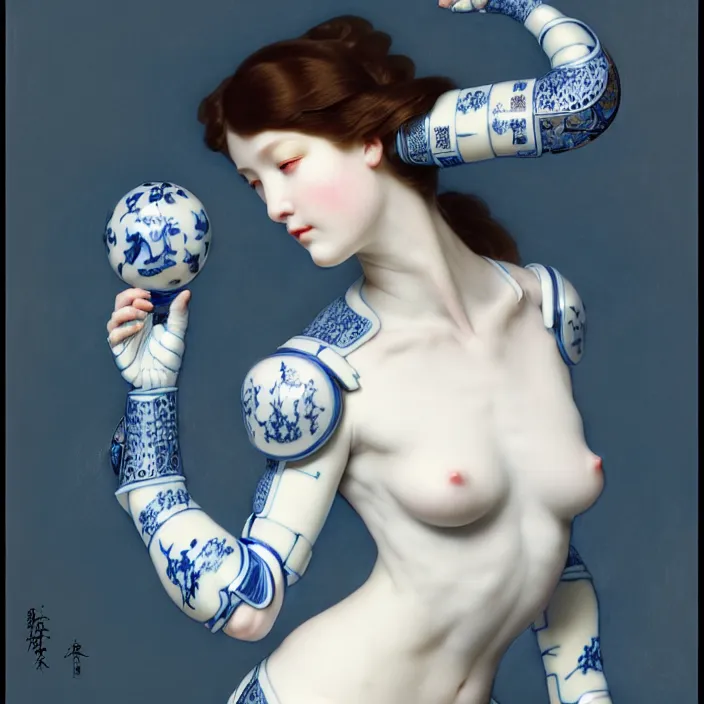 Image similar to porcelain cyborg, Chinese Blue and white porcelain 14th century, diffuse lighting, fantasy, intricate, elegant, highly detailed, lifelike, photorealistic, digital painting, artstation, illustration, concept art, smooth, sharp focus, art by John Collier and Albert Aublet and Krenz Cushart and Artem Demura and Alphonse Mucha