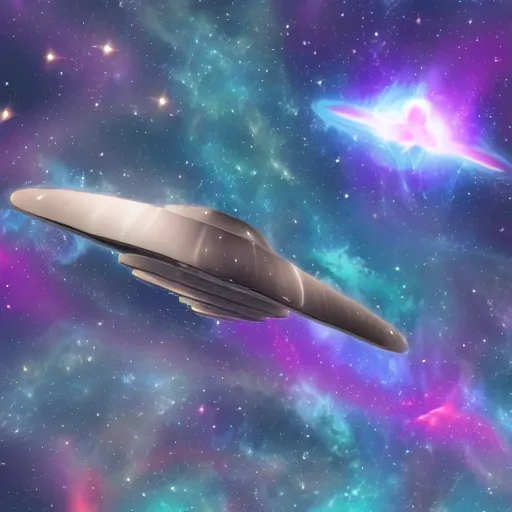 Prompt: uss prometheus flying past a nebula in the stars vector image