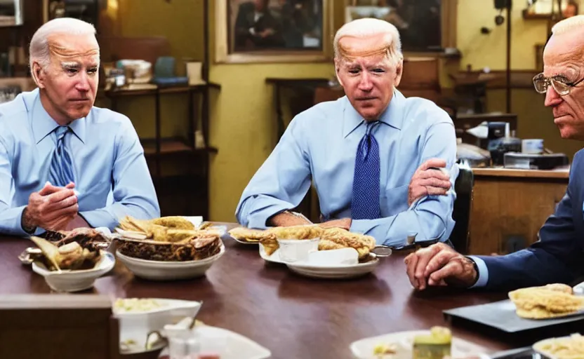 Image similar to photo of joe biden and walter white in los pollos hermanos sitting on the same table, ultra detailed, movie frame, cinematical composition, 4 k, colorful