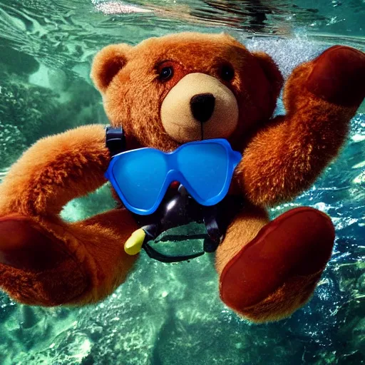 Image similar to Anthropomorphic teddy bears with goggles swimming underwater near the ocean floor, 4k, award winning photo, highly detailed