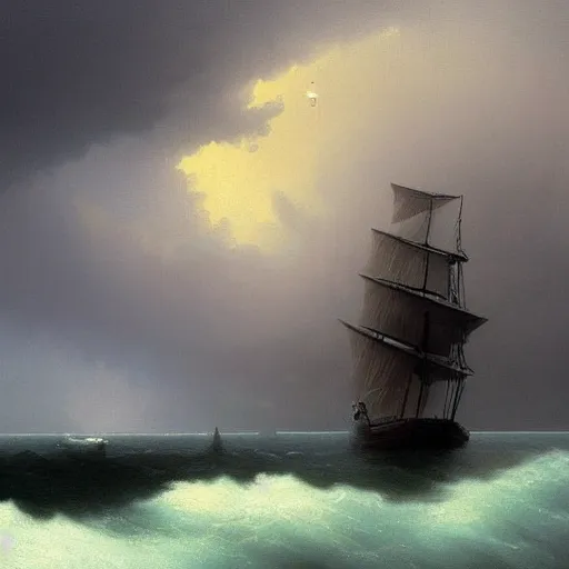 Prompt: a lonely ship drifting amongst the thunder clouds , fog and heavy storm concept art in style of Ivan Aivazovsky