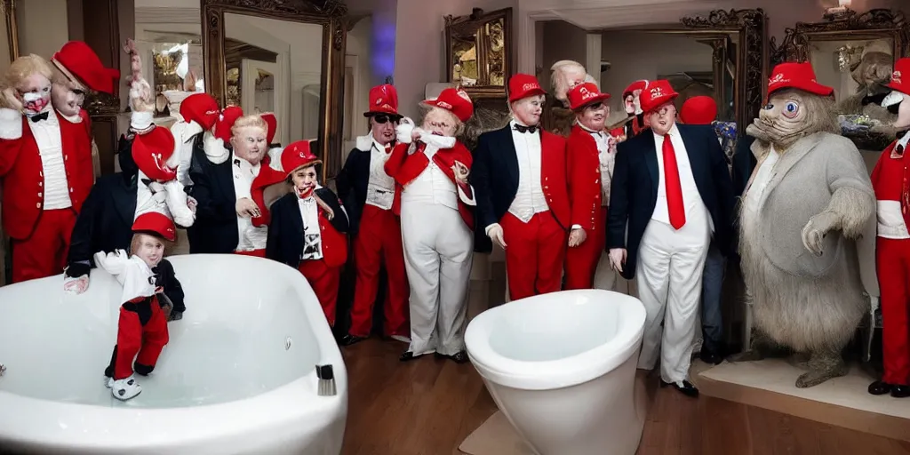 Image similar to ultra wide angle photo of donald trump looking at himself in a bathroom mirror and seeing his reflection dressed as willy wonka and is surrounded by dwarf donald trump like oompa loompas