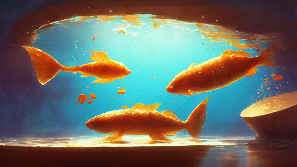 Image similar to digital underwater art of a happy flat pancake fish swimming in syrup, cute, 4 k, fish made of pancake, fantasy food world, living food adorable pancake, brown atmospheric lighting, by makoto shinkai, studio ghibli, greg rutkowski, ross tran