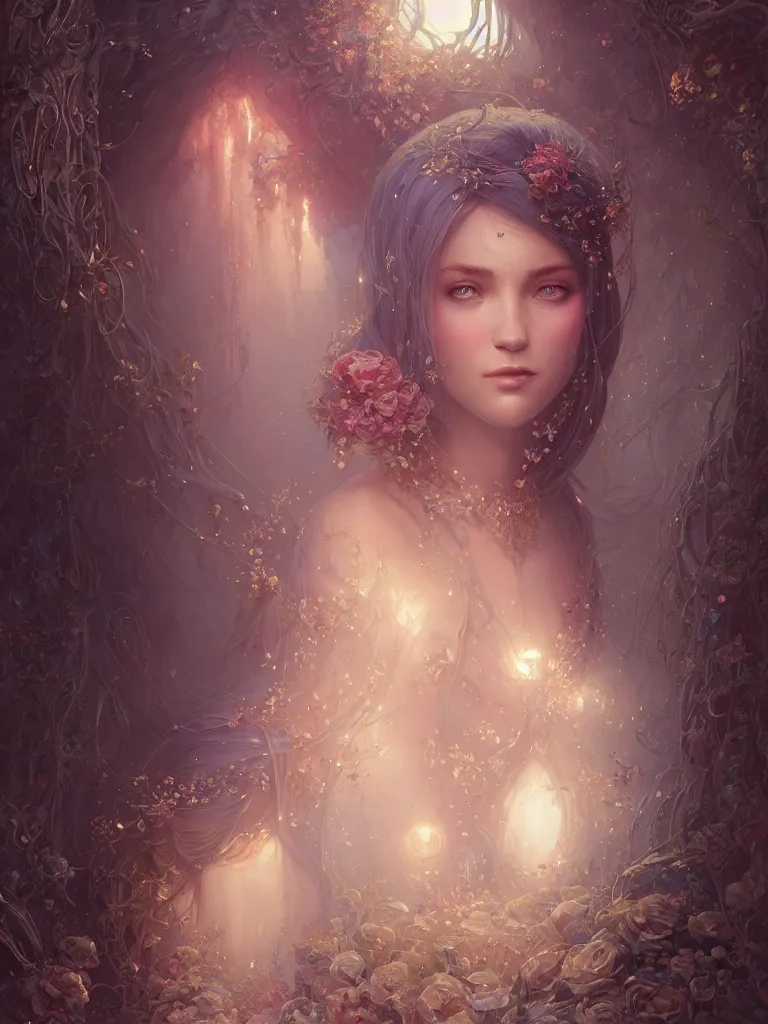 Image similar to highly detailed portrait of beautiful ethereal woman in ornate clothing, stephen bliss, unreal engine, fantasy art by greg rutkowski, loish, rhads, ferdinand knab, makoto shinkai and lois van baarle, ilya kuvshinov, rossdraws, tom bagshaw, global illumination, radiant light, detailed and intricate environment