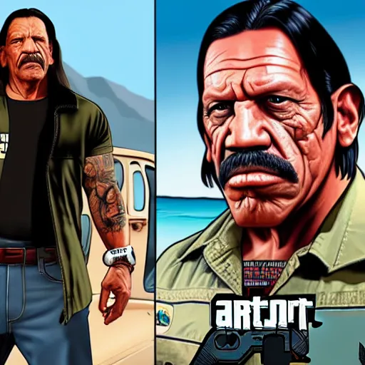 Prompt: Danny Trejo on GTA V cover art