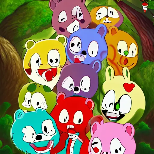 Image similar to Extremely muscular happy tree friends, high quality 8k hd, oil on canvas, hyperralistic art