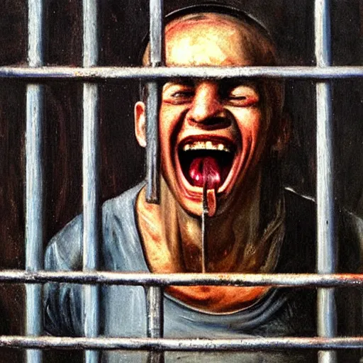 Image similar to a screaming prisoner holding prison bars, realism old oil painting