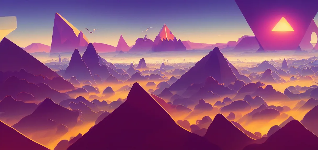 Prompt: symmetrical post - minimalism landscape of a magical triangle city bird's eye view, sky whales, golden clouds, mountain range, vibrant gamer color scheme, highly detailed, in the style of romanticism, cinematic, artstation, moebius, greg rutkowski