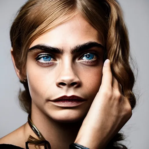 Image similar to photo of a gorgeous 40-year-old Cara Delevingne 1970s hairstyle by Mario Testino, detailed, head shot, award winning, Sony a7R -