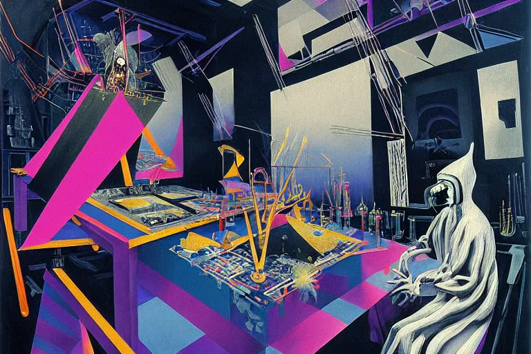 Image similar to a highly detailed beautiful masterpiece painting of a technomancer wizard in dazzle camouflage robes with pointed hood tampering with the world engine in his laboratory near a computer by Remedios Varo and Anato Finnstark and Greg Rutkowski and Andy Warhol and Francis Picabia, dayglo pink, dayglo blue, prismatic, pearlescent white, raven black, hyperrealism, 8k, trending on ArtStation