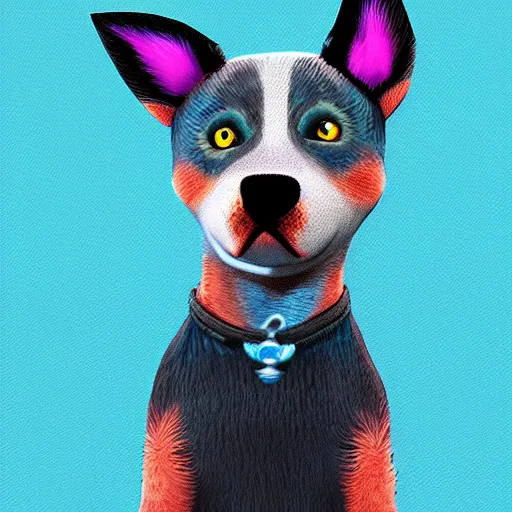 Image similar to Blue Heeler Dog, Anime Style, Soft lighting, artstation, detailed, award winning, colourful