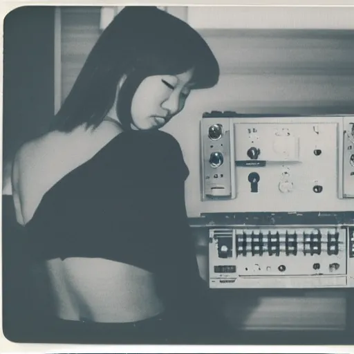 Image similar to 1 9 7 0 s polaroid of a female japanese musician playing a vintage modular synthesizer, hazy, faded