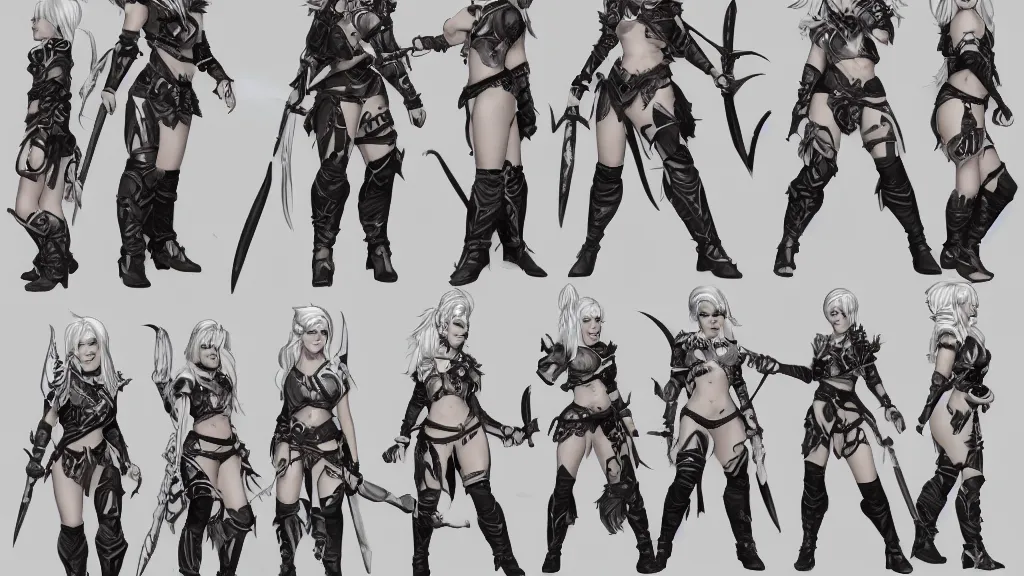 Prompt: a fantasy female barbarian with white hair character design sheet, trending on artstation