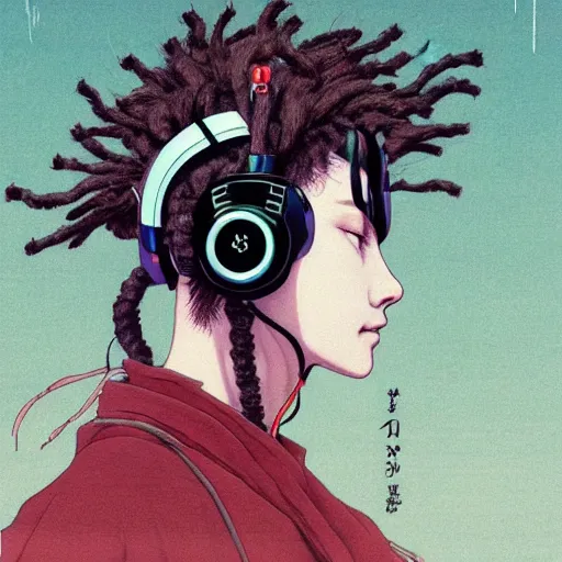 Image similar to a beautiful ukiyo painting of robot with dreadlocks and headphones in profile view, wearing space techwear, detailed symmetrical close up portrait, intricate complexity, by takato yamamoto, wlop, krenz cushart. cinematic dramatic atmosphere, sharp focus