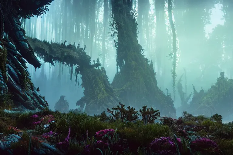 Image similar to wide epic shot from horizon forbidden west. a hyper detailed organic mechanic creatuve realistic similar look as horizon forbidden west horizon zero dawn, bioluminiscence in a dark deep forest at dawn in spring, with reflection and textures, by kilian eng, substance painter reaslitic mech surface metal painted scratches, world env from horizon forbidden west horizon zero dawn