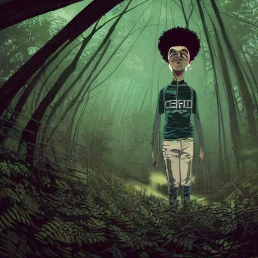 Image similar to in the style of ghostshrimp and juni ito and laurie greasley a young mixed race male explorer wearing a cyberpunk headpiece who is exploring in an enchanting and lush forest , low angle fish eye lens, highly detailed, 8k wallpaper
