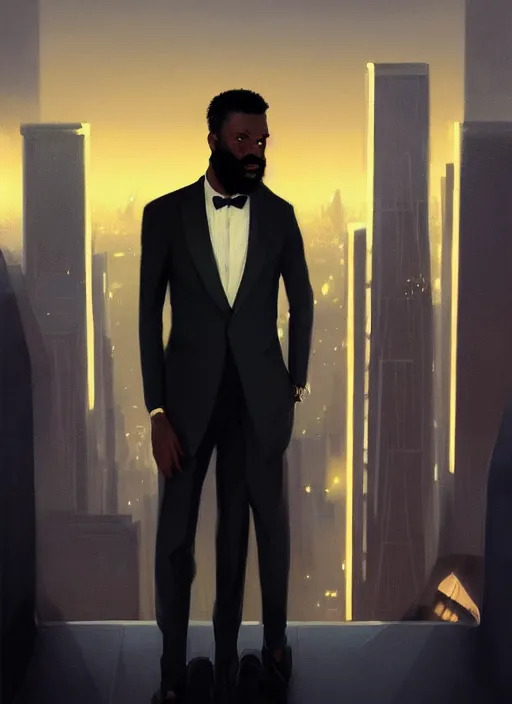 Prompt: portrait of handsome black genius in tailored suit, urban skyline, low haircut with full beard, supreme mathematics, elegant atmosphere, glowing lights, highly detailed, digital painting, artstation, concept art, smooth, sharp focus, illustration, art by wlop, mars ravelo and greg rutkowski