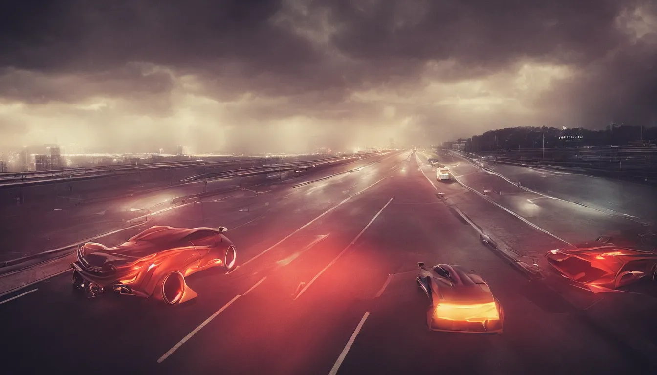 Prompt: One sport car in a highway by Khyzyl Saleem , city landscape, night time, stormy wheater, atmospheric, trending artstaion, concept art, sharp focus, high detail, octane render, synthwave