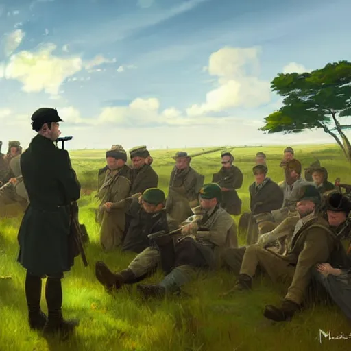 Image similar to irish rebel leader michael collins giving a speech to rebels in the irish countryside, highly detailed, digital painting, concept art, sharp focus, by makoto shinkai