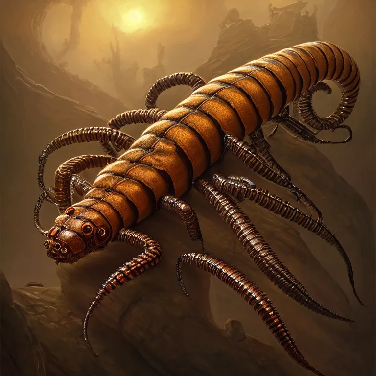 Image similar to steampunk scolopendra, 3 d model, unreal engine realistic render, 8 k, micro detail, intricate, elegant, highly detailed, centered, digital painting, artstation, smooth, sharp focus, illustration, artgerm, tomasz alen kopera, wlop