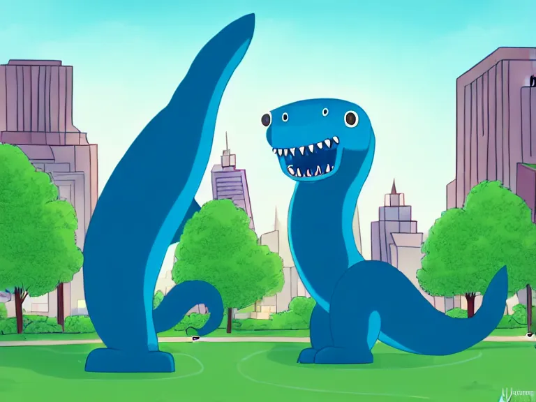 Image similar to adorable anthropomorphic gigantic cerulean furry leviathan monster in a park surrounded by a city, high high high quality