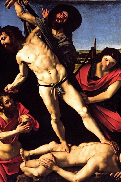 Prompt: jesus in a bikini on the cross by caravaggio