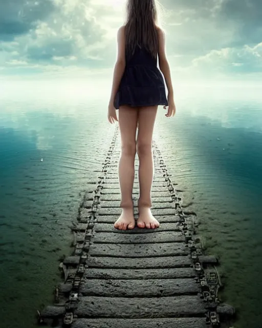 Prompt: a barefoot girl carrying shoes on a lake of reflective water, faintly visible submerged train tracks, water covers everything, no grass, large white clouds on a wide horizon, intricate, elegant, highly detailed, digital photo, artstation, concept art, smooth, sharp focus, low angle photo, art by artgerm and greg rutkowski and fra angelico