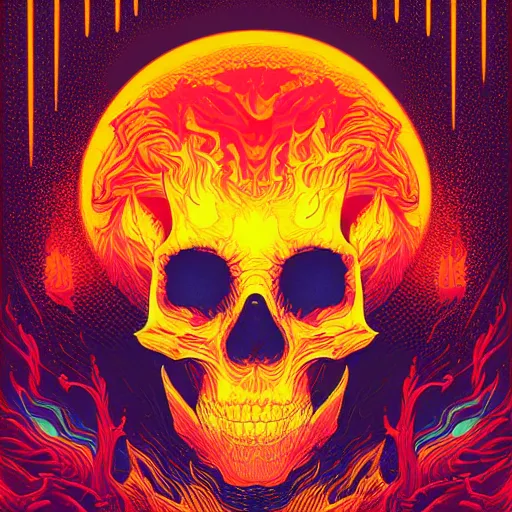 Prompt: fire skull inspired by René Laloux,Dan Mumford n- 2