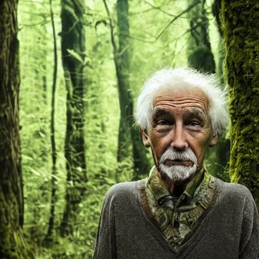 Prompt: old man waiting for you in the forest, mossy forest, mystical, ancient, light from above, fantasy