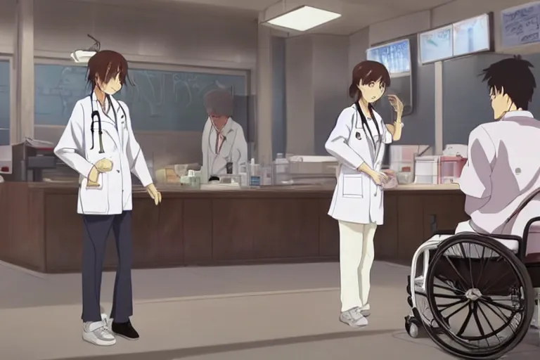 Image similar to a cute young female doctor wearing white coat are serving an old man in a wheelchair in a hospital ward, slice of life anime, cinematic, anime scenery by Makoto shinkai