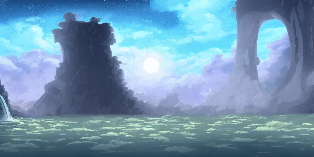 Image similar to a cell - shaded studio ghibli concept art study of a portal in the air over a flooded desert on a misty starry night. a waterfall is flowing out of the portal. very dull colors, hd, 4 k, hq