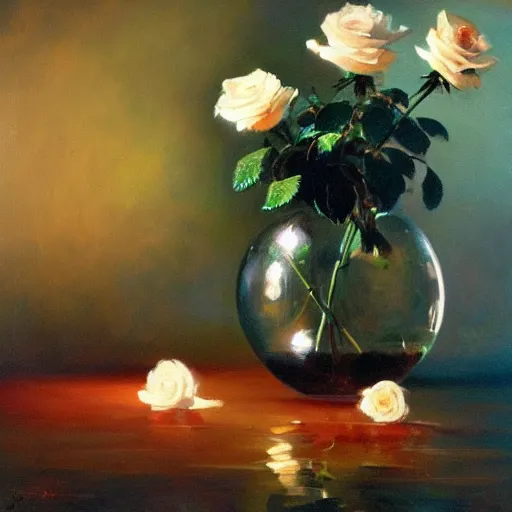 Prompt: romantic oil painting of roses in cinematic dimly light, shadows, dramatic and very very very very beautiful masterpiece, light reflection, light refraction, transparent glass vase