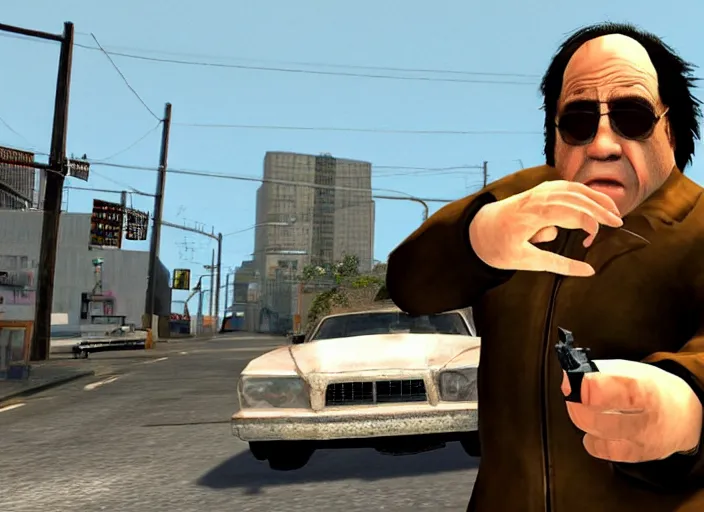 Prompt: video game still of danny devito in the video grand theft auto iv,