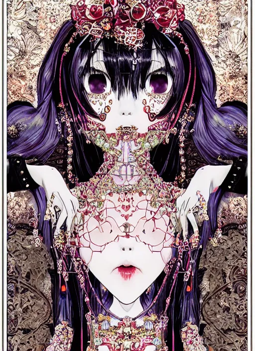 Image similar to baroque bedazzled gothic royalty frames surrounding a pixelsort emo demonic horrorcore japanese beautiful early computer graphics automaton doll, by guro manga artist Shintaro Kago