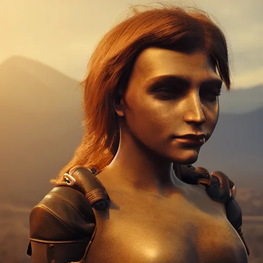 Image similar to beautiful young harpy, leather top, full round face, short smile, golden hour, post apocalyptic setting, medium shot, mid-shot, highly detailed, trending on Artstation, Unreal Engine 4k