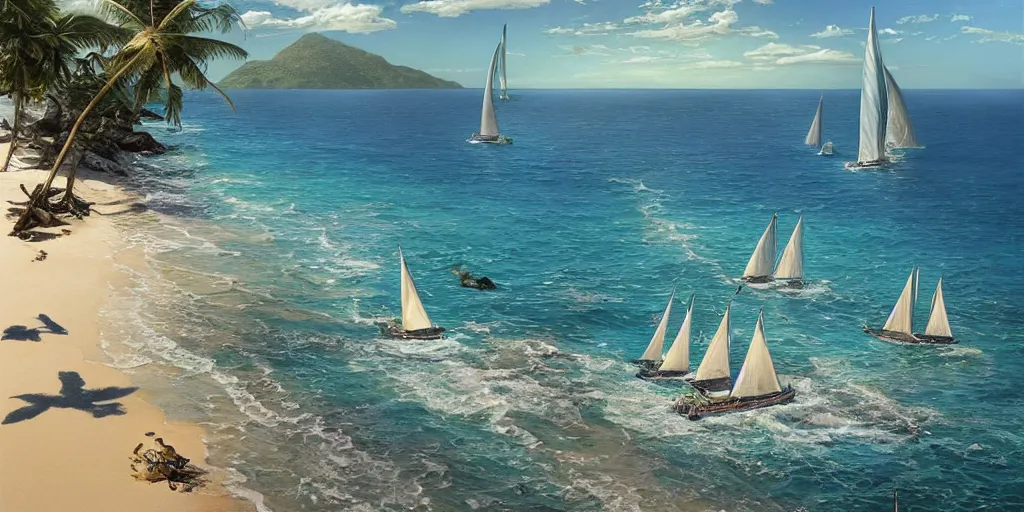 Image similar to ultra realistic illustration,, a beach in tanzania with sailboats in the distance, tropical blue water intricate from baldurs gate, elegant, highly detailed, digital painting, artstation, concept art, smooth, sharp focus, illustration, art by artgerm and greg rutkowski and alphonse mucha