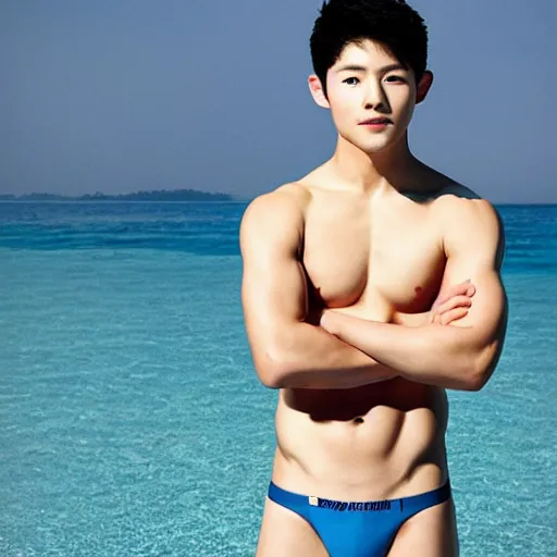 Prompt: song joong - ki portrait, young handsome asian male diver in speedo, muscle, studio photo