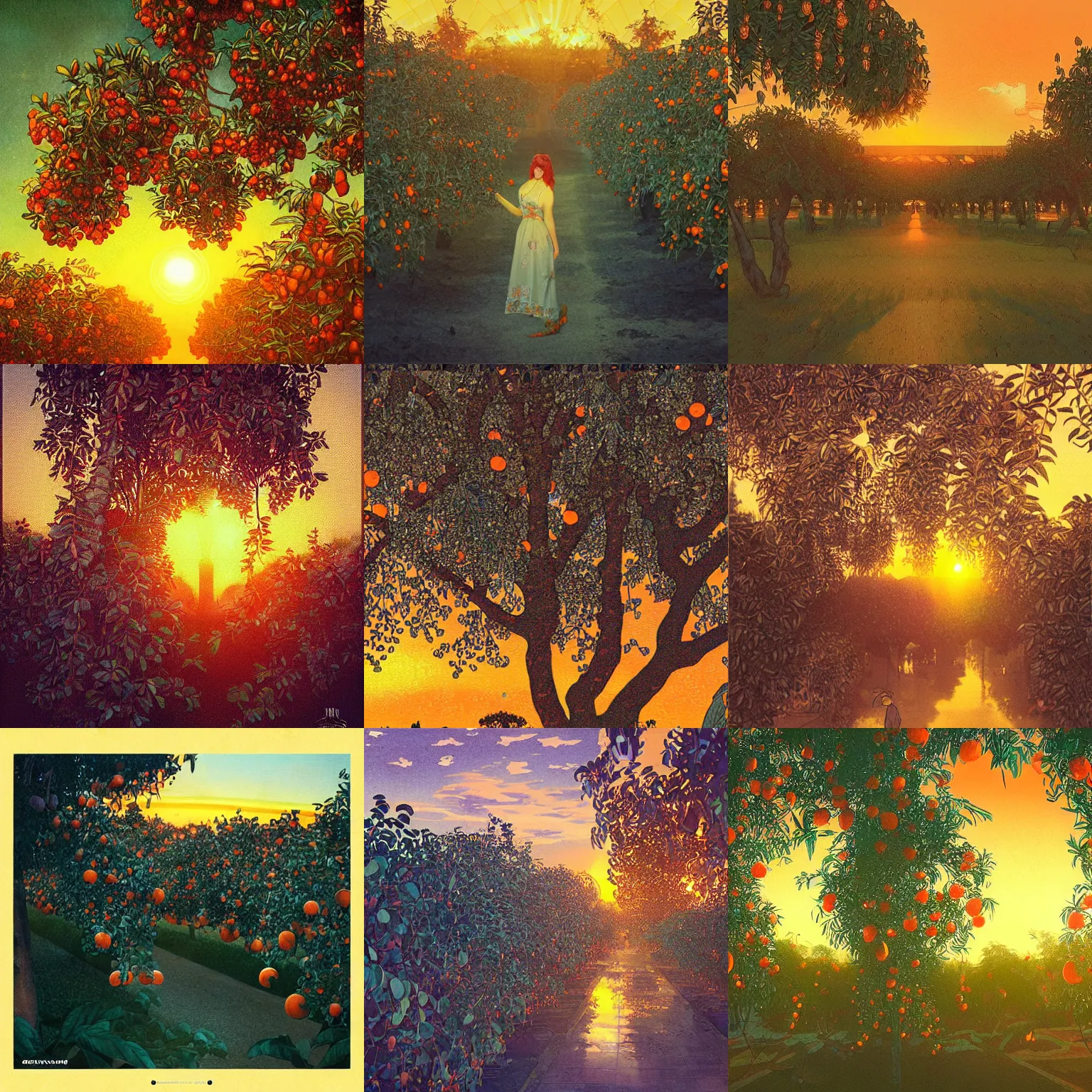 Prompt: “vintage Anaheim california orange grove at sunset illustration, 4k post-processing highly detailed by wlop, Junji Murakami, Mucha Klimt, Sharandula, Hiroshi Yoshida, Artgerm, Craig Mullins,dramatic, moody cinematic lighting”