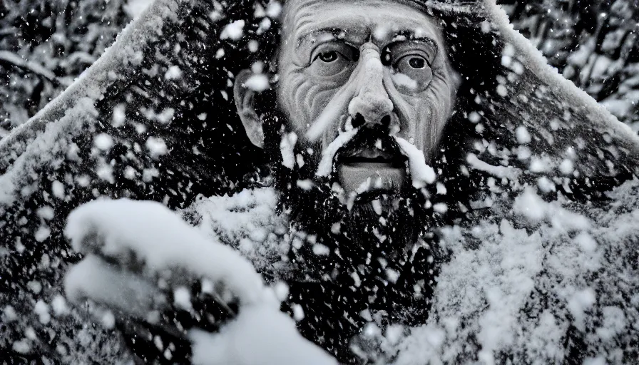 Prompt: 1 9 6 0 s movie still close up of marcus aurelius frozen to death in a dirty cape yelling in the snow, pine forests, cinestill 8 0 0 t 3 5 mm b & w, high quality, heavy grain, high detail, texture, dramatic light, anamorphic, hyperrealistic, detailed hair